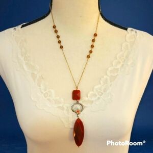 3/$30 Antique Brass Floral Faux Carnelian Beaded Pendant Chain Station Necklace